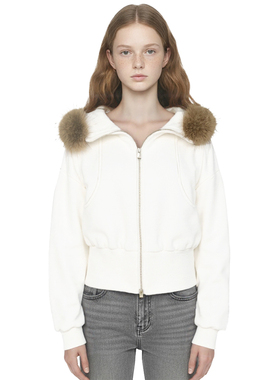 BM白色短外套 2025冬可拆卸毛领显瘦加厚拉链连帽卫衣开衫小个子