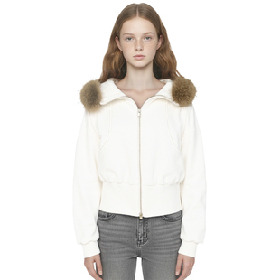 BM白色短外套 小个子 2025冬可拆卸毛领显瘦加厚拉链连帽卫衣开衫