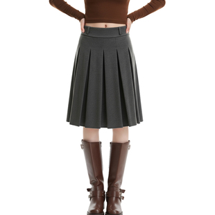 A字短裙爆 格雷系灰色中高腰百褶中长款 BM毛呢半身裙 2025秋冬新款