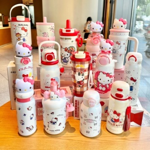 hellokitty新款凯蒂猫儿童保温杯女可爱吸管便携学生上学专用水壶
