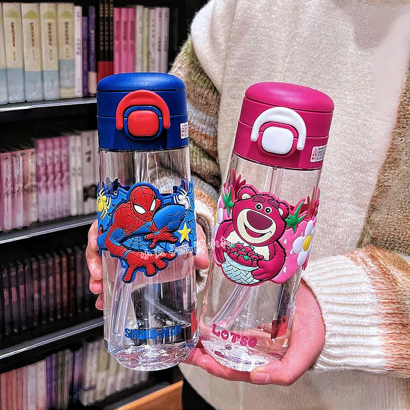 草莓熊蜘蛛侠儿童吸管水杯tritan夏双饮男女学生上学专用防摔水壶