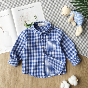 纯棉宝宝衬衣儿童棉纱格子衬衫男童长袖衬衣小童薄外套童装春秋装