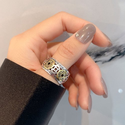 国潮S925银五帝钱戒指男士复古开口可调节指环潮男个性宽版手饰