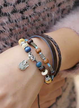 新品欧美复古风手工编织手镯时尚简约情侣款钥匙锁皮质手链