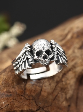 中古饰品戒指雕花骷髅头手饰另类朋克饰品合金藏银色指环