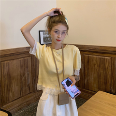 Real price ~ summer new Korean lace splicing round neck short solid color T-shirt