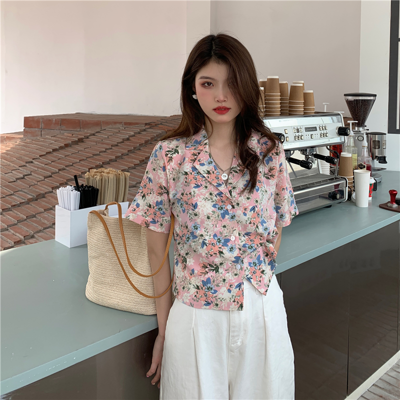 Real price ~ French floral suit Collar Chiffon shirt summer design niche short sleeve shirt