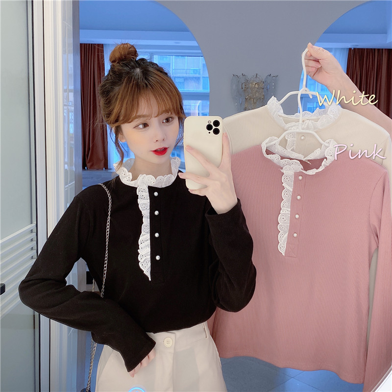 Real price new spring lace ear edge collar slim elastic thin versatile bottom shirt