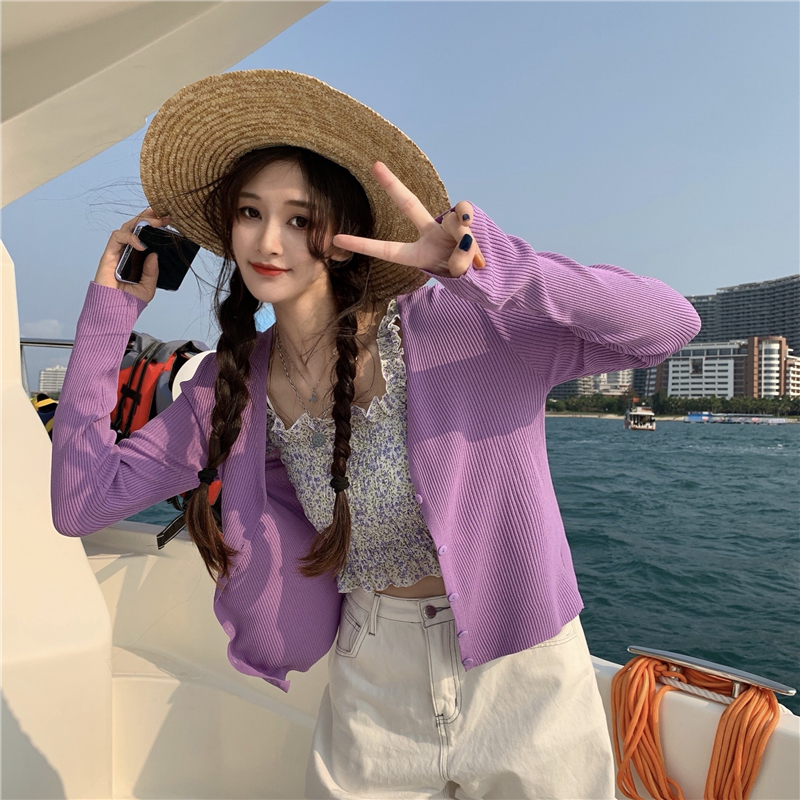 Real price ~ with short floral suspender Vest + slim long sleeve thin knitted cardigan 2-piece set