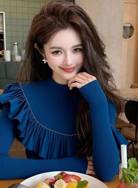 2025冬季蓝色荷叶边针织衫设计感绝美巨好看气质名媛修身打底上衣
