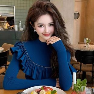 2025冬季蓝色荷叶边针织衫设计感绝美巨好看气质名媛修身打底上衣