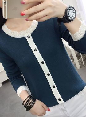 长袖针织衫毛衣女拼接纽扣新款女士秋冬外穿短款上衣打底衫女