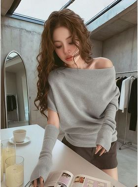 咖色斜肩一字领修身打底衫女2025早秋内搭可外穿配袖套针织衫上衣