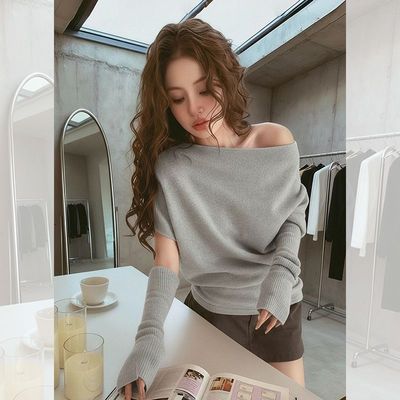咖色斜肩一字领修身打底衫女2025早秋内搭可外穿配袖套针织衫上衣