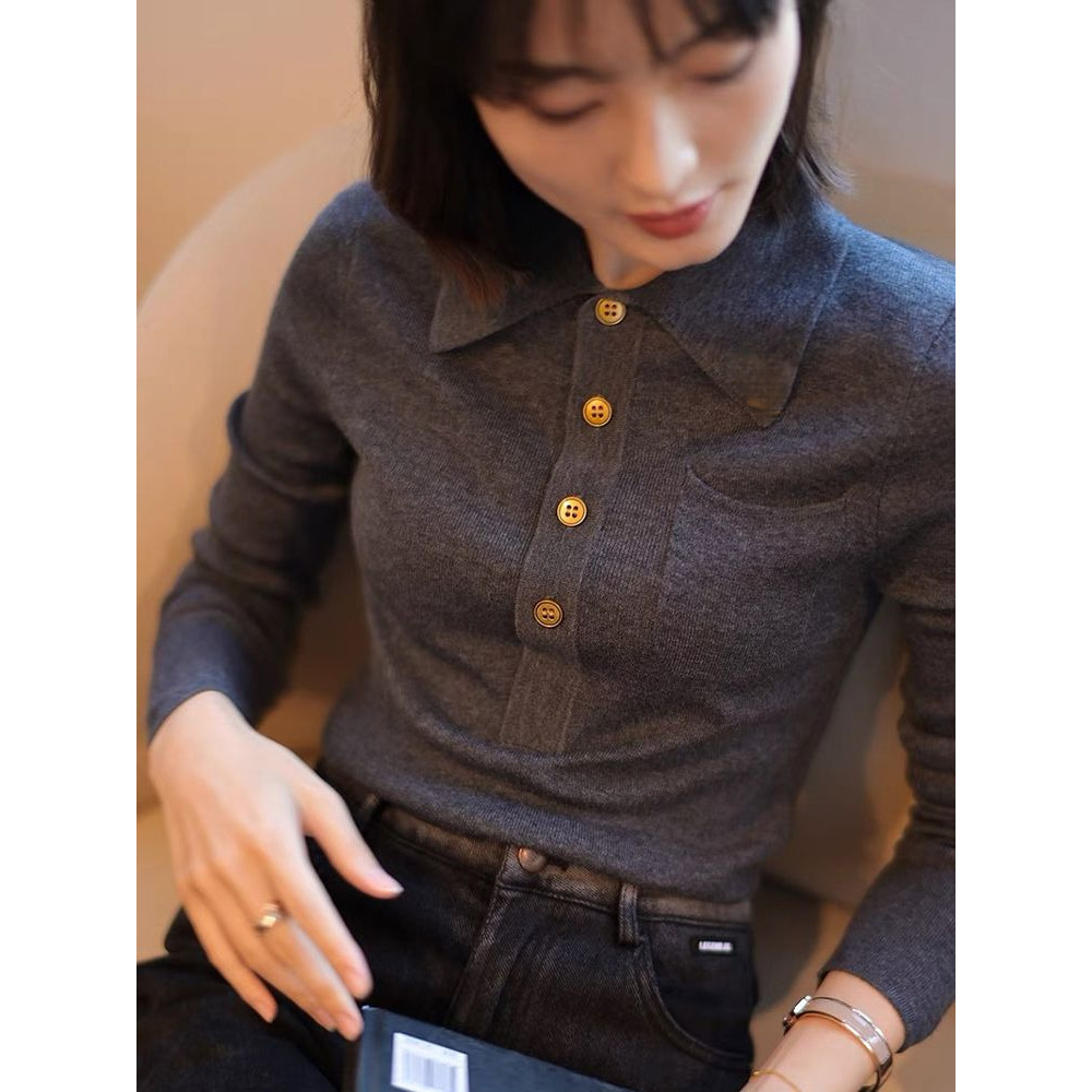 2025秋冬日系潮POLO领翻领女装打底衫长袖针织衫女