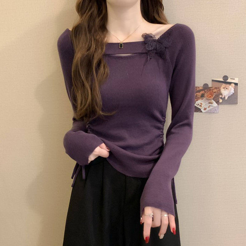 灰色蝴蝶针织打底衫女秋季穿搭爵士舞独特漂亮miu里miu气长袖上衣