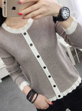 长袖针织衫毛衣女拼接纽扣新款女士秋冬外穿短款上衣打底衫女