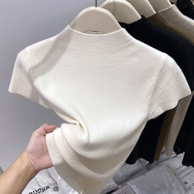 2025夏秋季新款半高领软糯短袖T恤针织衫女修身小立领打底上衣