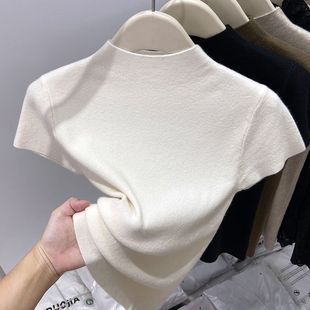 女修身 2025夏秋季 T恤针织衫 半高领软糯短袖 小立领打底上衣 新款