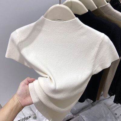 2025夏秋季新款半高领软糯短袖T恤针织衫女修身小立领打底上衣