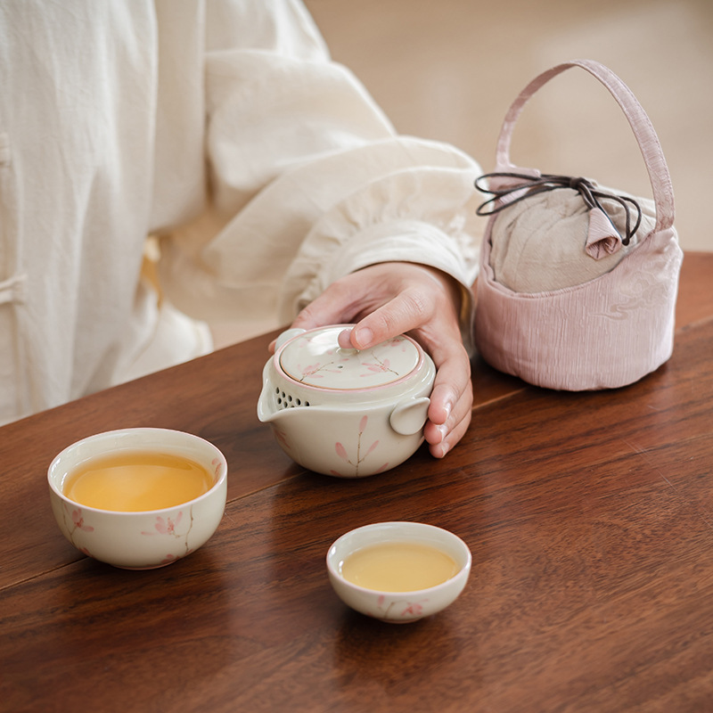 冰台手绘粉玉兰一壶两杯旅行便携茶具陶瓷功夫茶具快客杯套装
