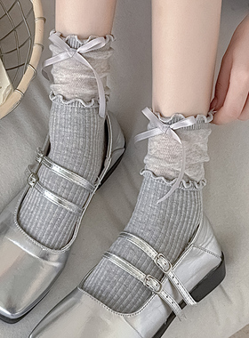 芭蕾风丝带蝴蝶结袜子女夏季薄款拼接灰色木耳边JK少女花边中筒袜