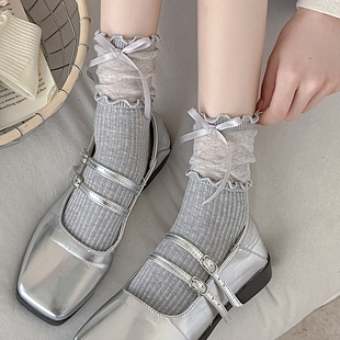 芭蕾风丝带蝴蝶结袜子女夏季 拼接灰色木耳边JK少女花边中筒袜 薄款