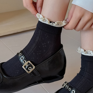 防臭女士纯棉复古短筒春秋款 薄款 黑色jk中筒 短袜夏季 花边袜子女款