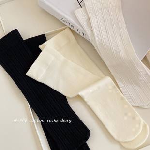 白色女士通勤配皮鞋 薄款 中筒 精梳棉不起球纯棉夏季 麦穗女袜春秋款