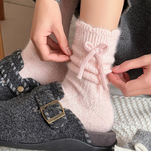 蝴蝶结羊毛袜子女式 加厚保暖粉色可爱冬天毛绒花边堆堆袜 中筒冬季