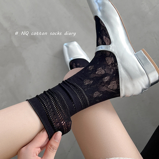 中筒袜 网眼镂空透气长筒花边2024新款 黑色堆堆袜女士夏季 薄款