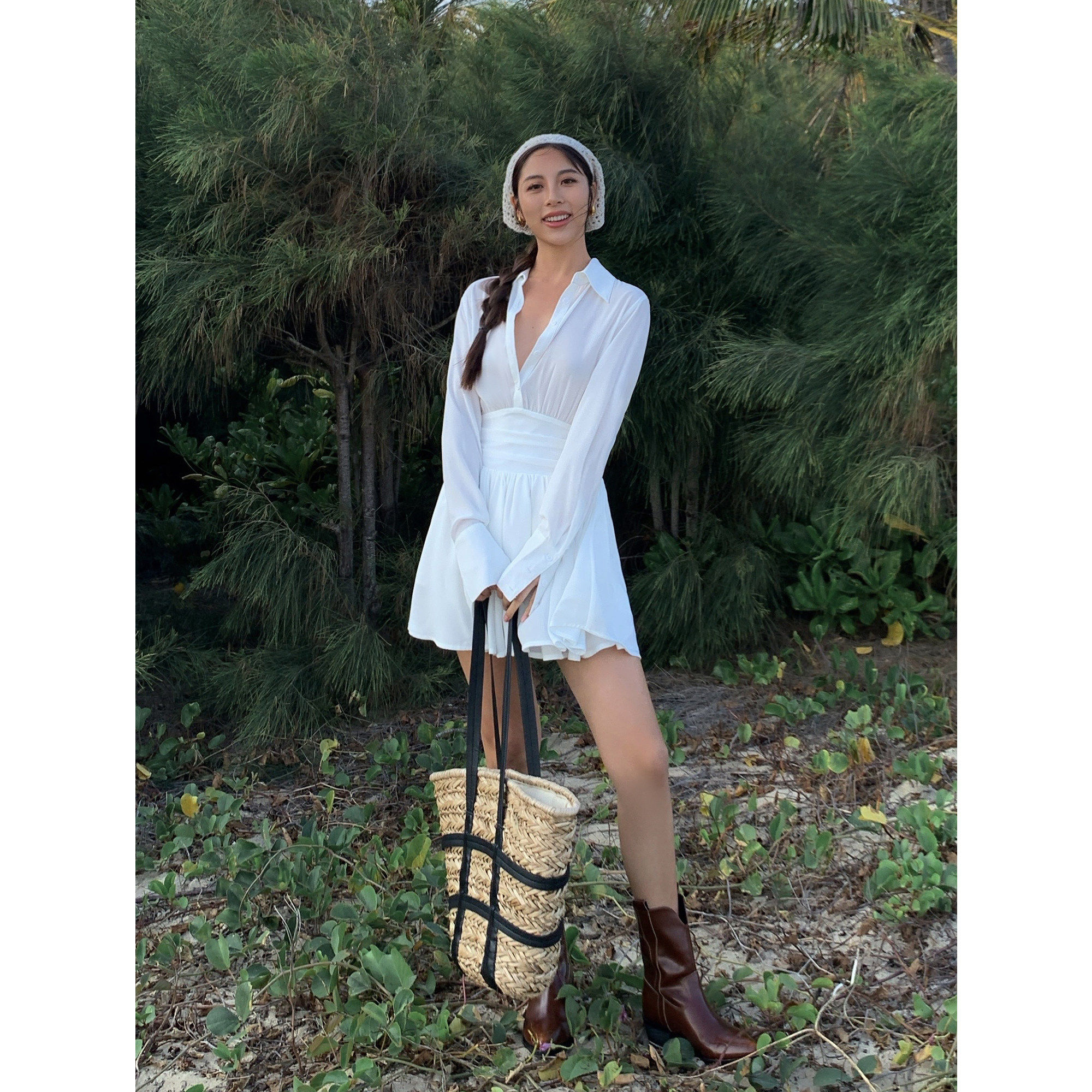 NEVA HU 白色法式衬衫连衣裙短款设计感收腰显瘦长袖小个子短裙女