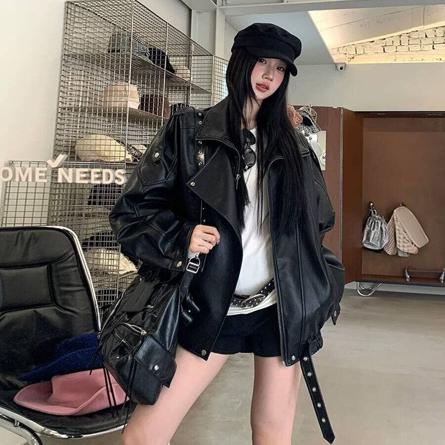黑色机车皮衣短外套女2026春秋新款酷飒风宽松加厚蛋白皮夹克上衣