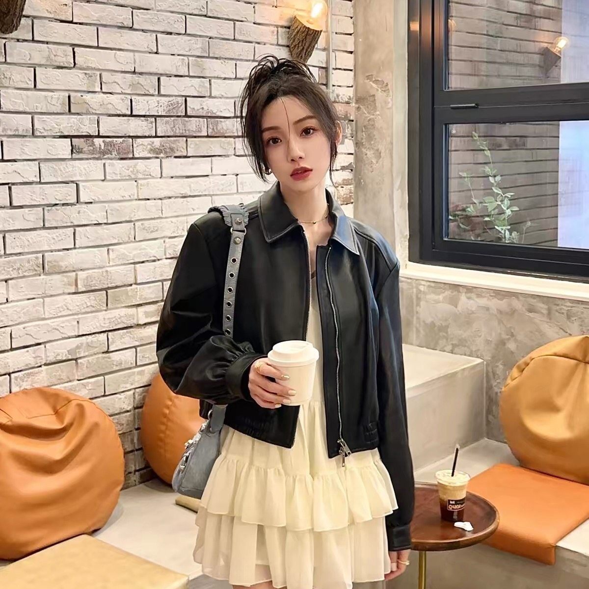 黑色PU皮夹克短款2026春秋新款美式复古小个子加厚机车皮衣外套女