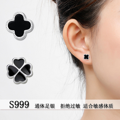 足银耳钉四叶草女通体纯银