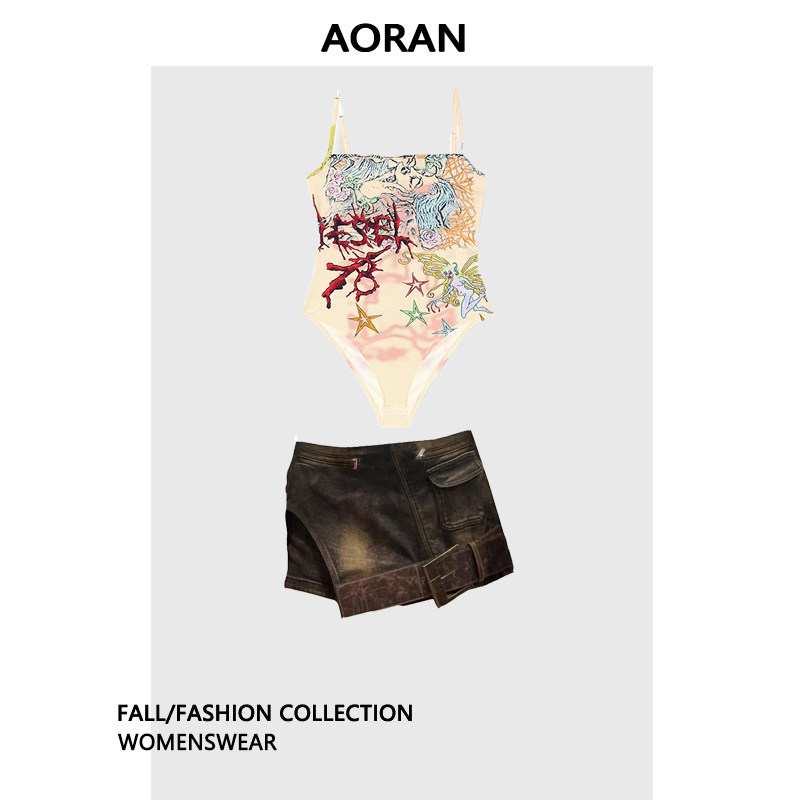 AORAN【赵露思】同款女士25新款印花吊带修身连体衣复古迷彩短裤