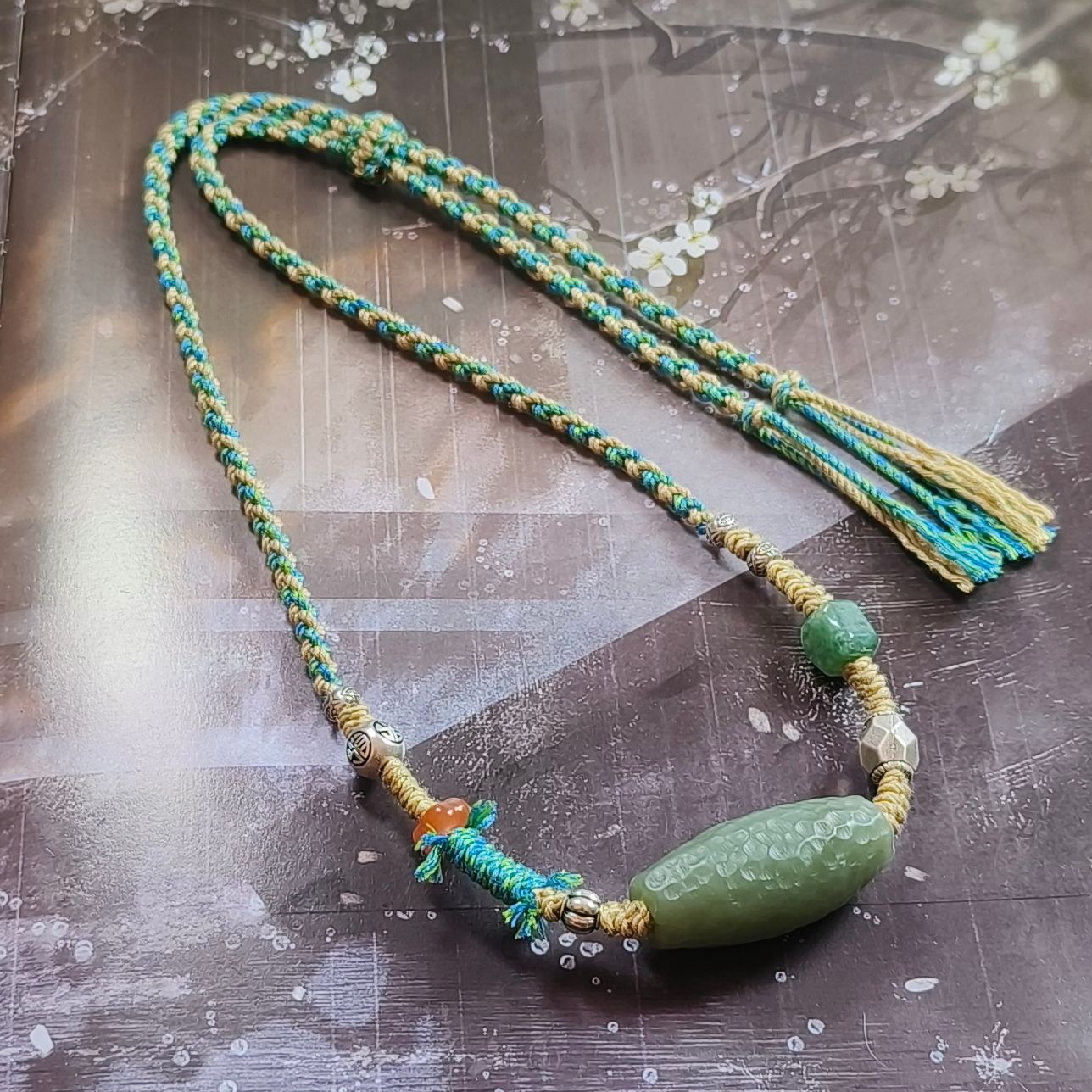 天然和田且末蓝锤纹桶珠手工棉线编织足银项链可调节新中式百搭