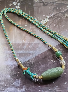 天然和田且末蓝锤纹桶珠手工棉线编织足银项链可调节新中式百搭