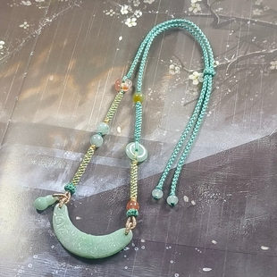 天然A货缅料翡翠白底青仿古雕刻玉衡项链新中式百搭礼物女款