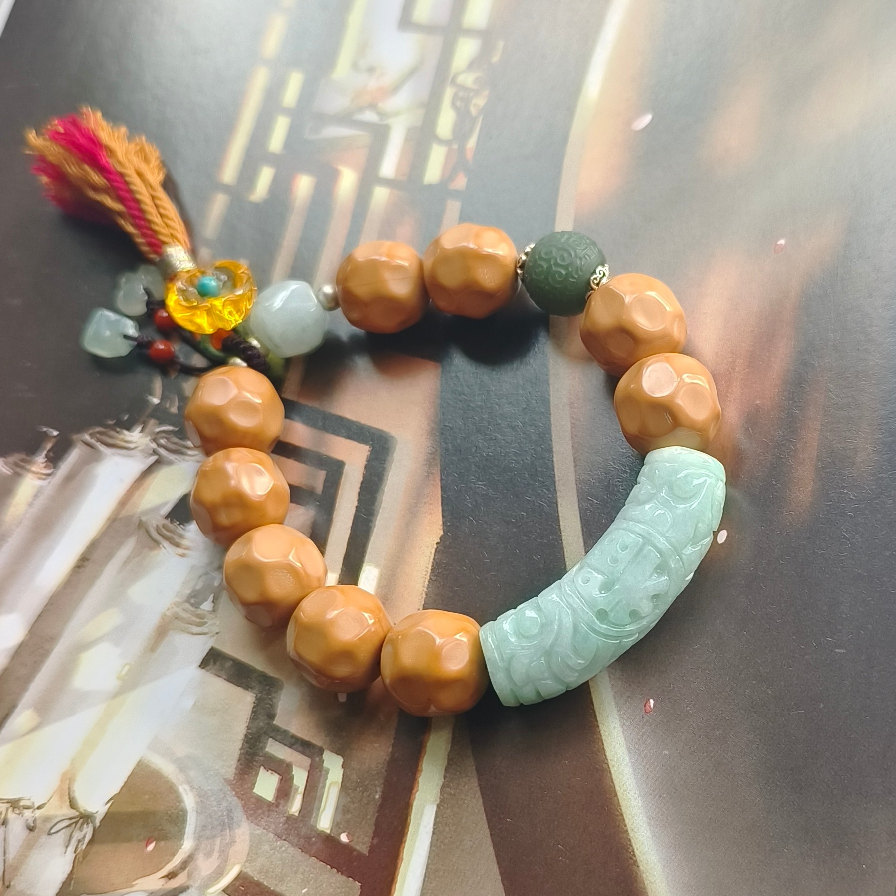 新中式国潮文玩手串天然A货翡翠仿古雕刻弯管猴头核桃手链藏风女