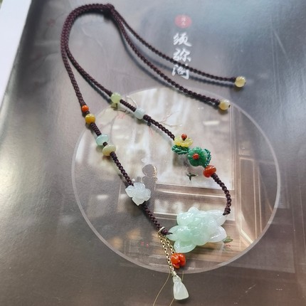 天然正品A货翡翠荷花吊坠原创设计手工编织繁花项链新中式锁骨链