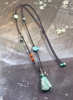 天然原矿湖北绿松高瓷网花无事牌手工设计编织银饰项链新中式国风