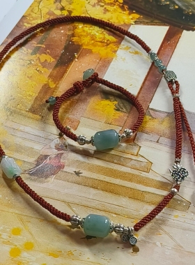 2024中古风天然翡翠缅料冰蓝水桶珠925银饰编织项链自然风百搭