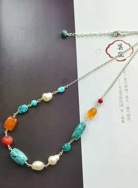 天然原矿湖北绿松淡水珍珠925银复古多宝锁骨链女小众设计感中式