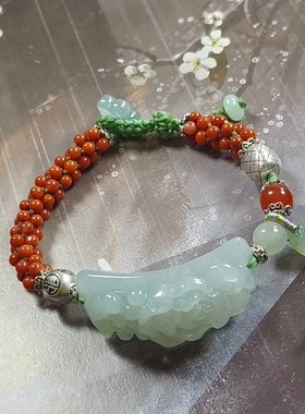 天然A货缅料翡翠冰牡丹花手牌南红米珠足银手工设计编织手链国风