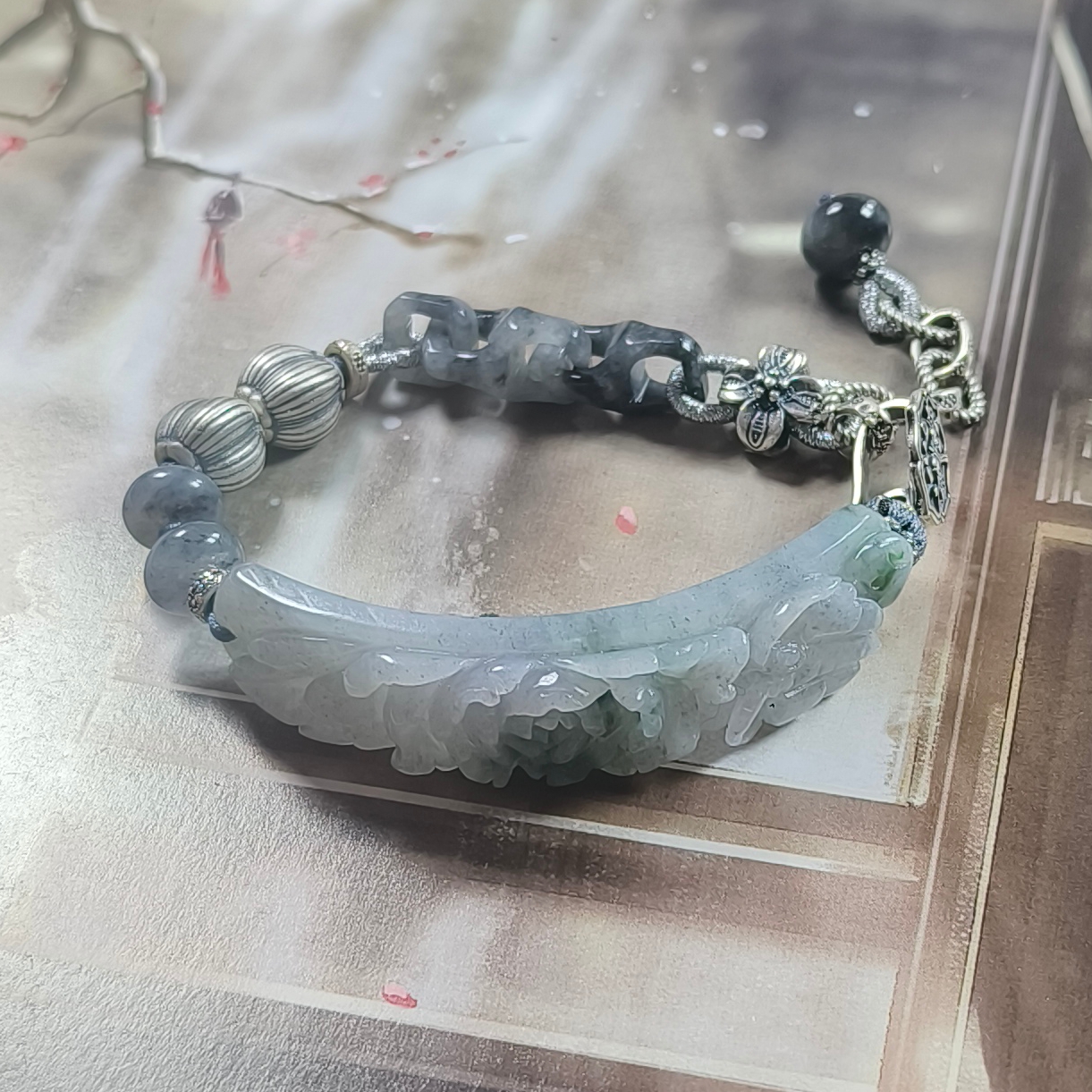 天然A货翡翠缅料冰乌鸡飘花牡丹花手牌925银配饰链条手链新中式