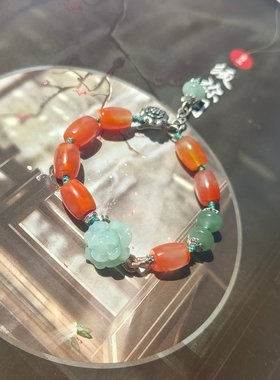 天然原矿瓦西南红飘花桶珠翡翠荷花多宝编织手链新中式国风饰品女