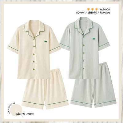 浪莎情侣睡衣纯棉开衫短袖短裤