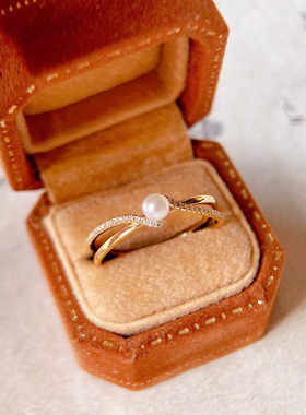 S925银镶钻珍珠交叉戒指可刻字