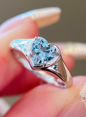 S925纯银心形蓝锆石小众戒指